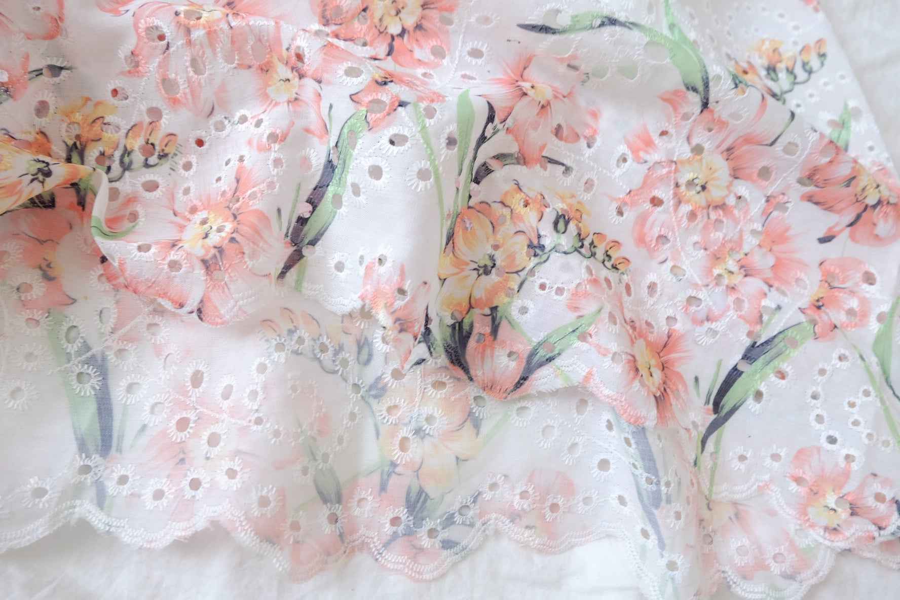 Floral Eyelet Embroidered Cotton Linen Fabric - 3.28 yd