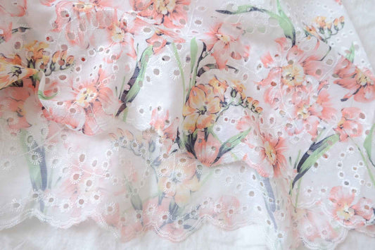 Floral Eyelet Embroidered Cotton Linen Fabric - 3.28 yd