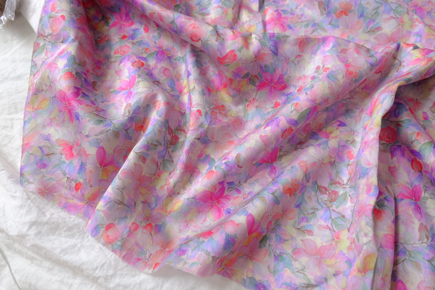 Watercolor Pink Floral Silky Cotton Sateen Fabric - 1.64 yd