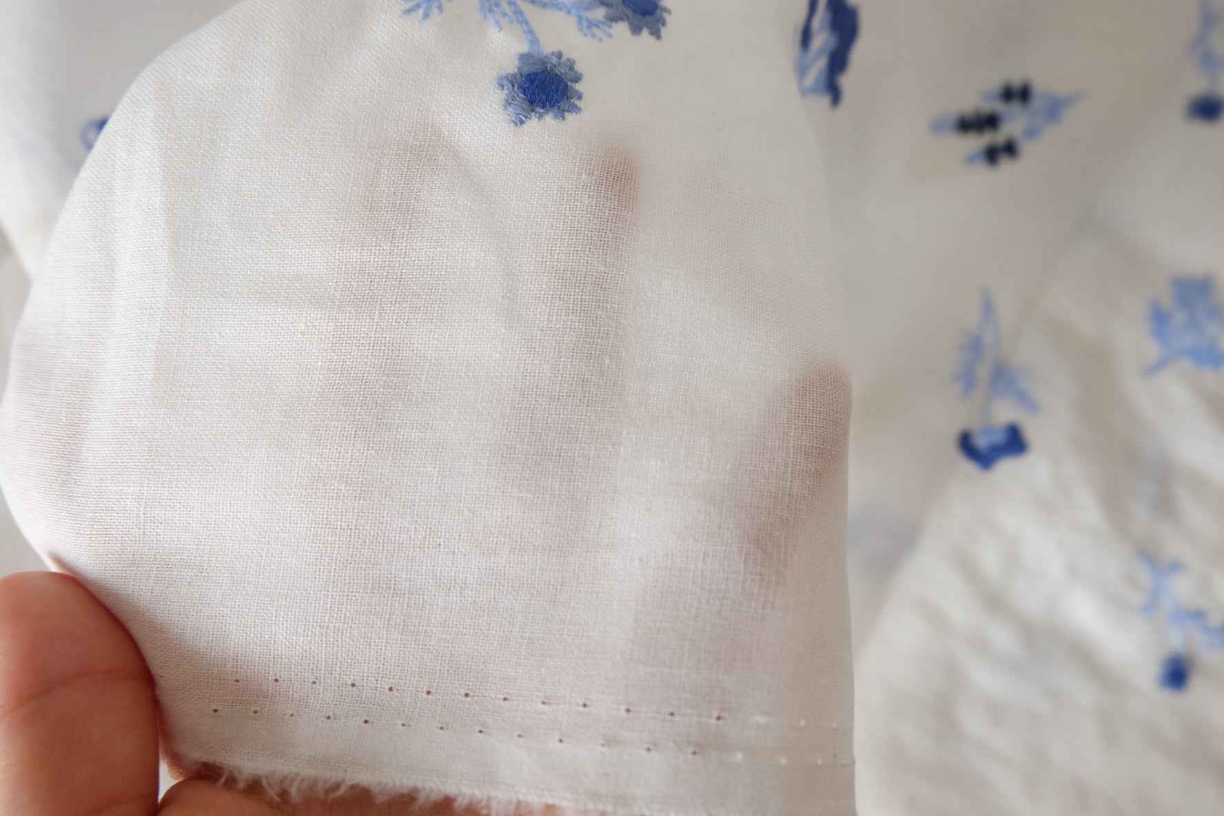 Blue Botanical Embroidered Cotton Linen Fabric – 1.6 yd