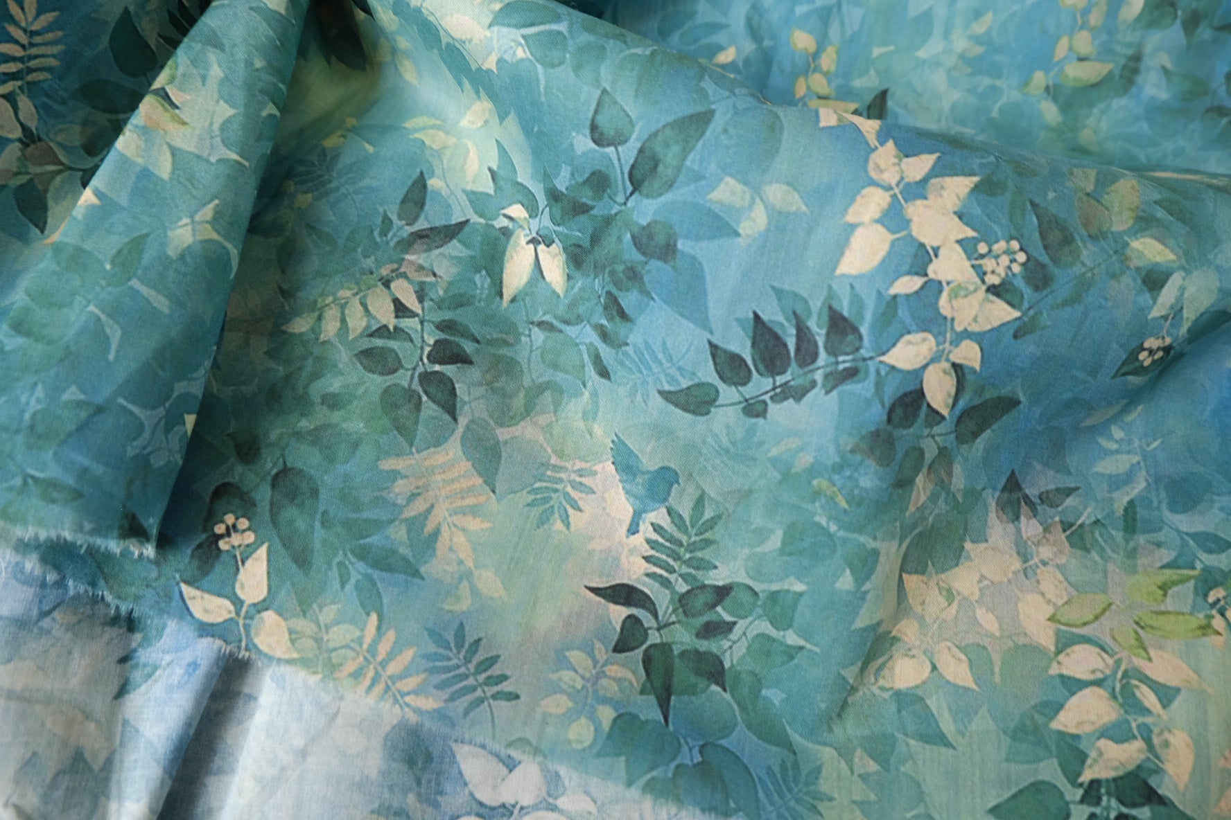 Blue Green Watercolor Leaf Cotton Lawn — 2.19 yd