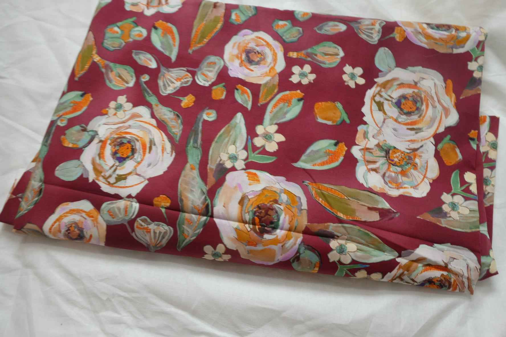 Burgundy Floral Cotton Poplin Fabric, Crisp Dress Weight, 3.28 Yards