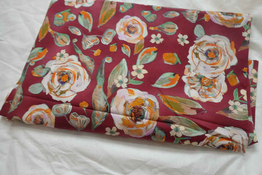 Burgundy Floral Cotton Poplin Fabric, Crisp Dress Weight, 3.28 Yards
