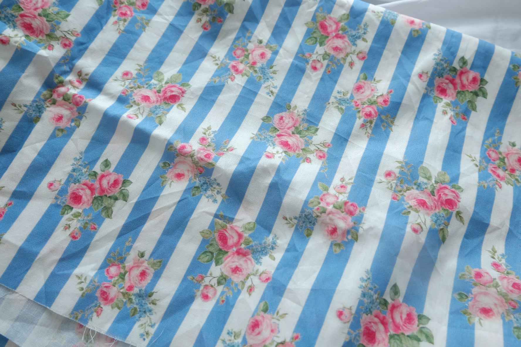 Blue Stripe Rose Cotton Poplin Fabric - 1.31 yd / 1.42 yd