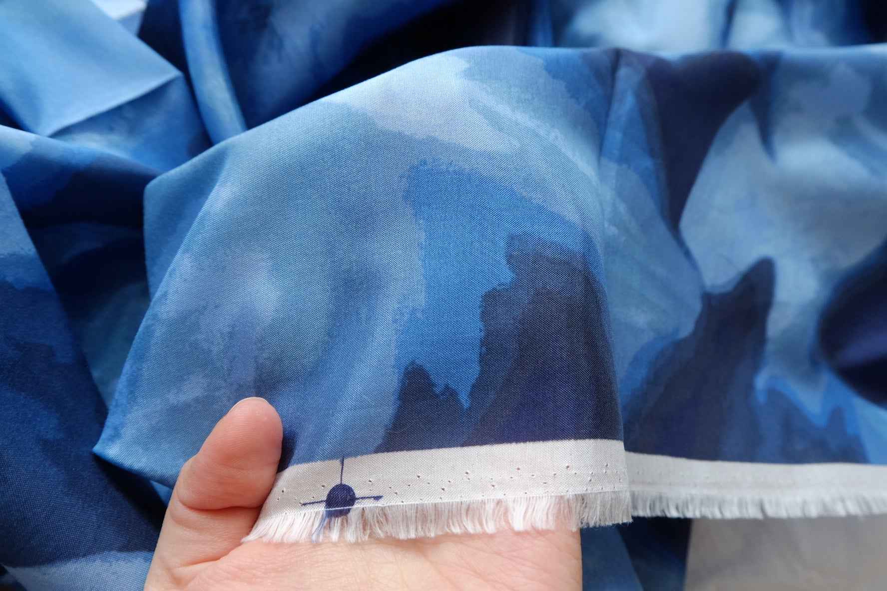 Abstract Blue Cupro Fabric, Lightweight Silky Dress Weight, 3.28 Yards