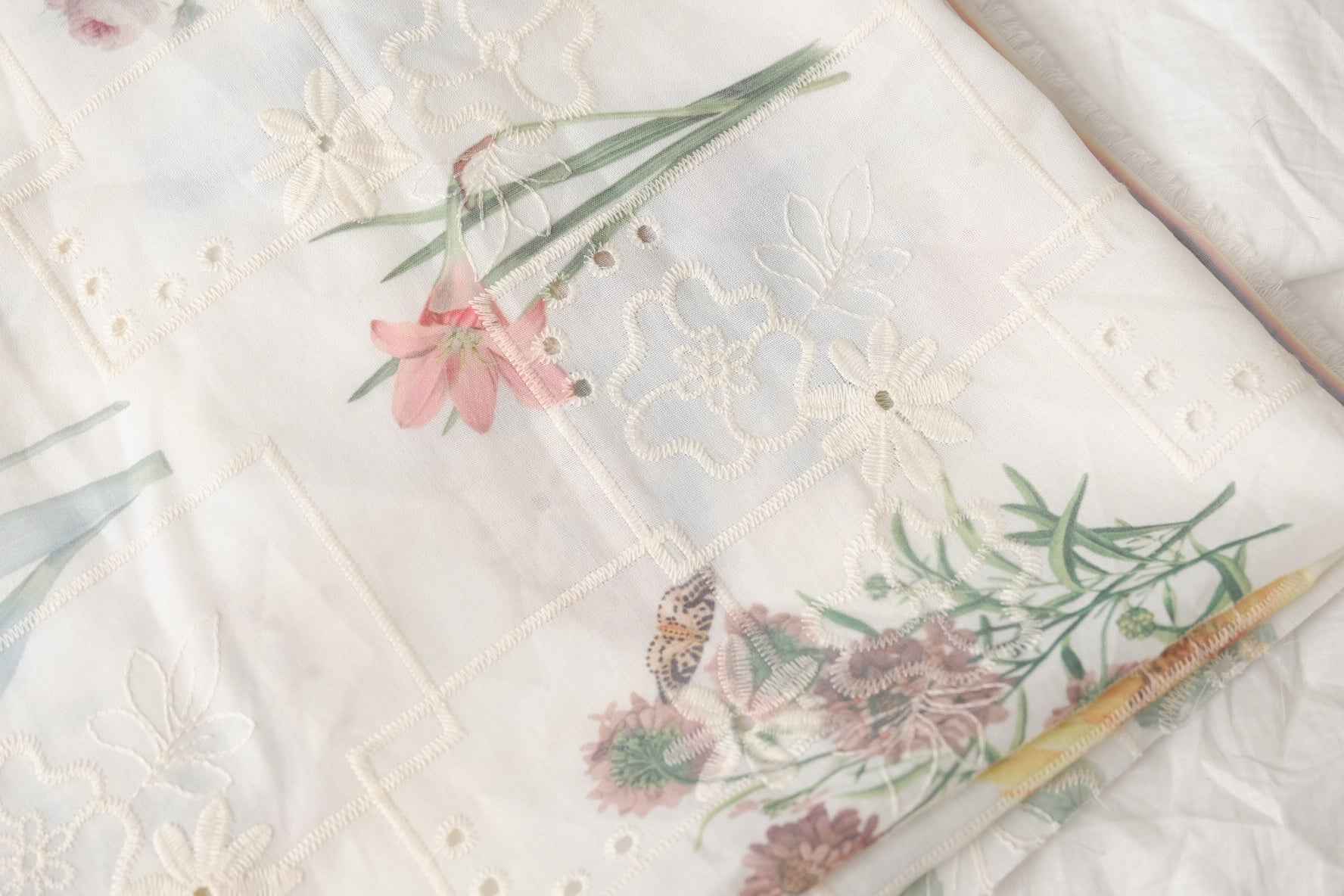 Romantic Floral Patchwork Embroidered Eyelet Fabric, Lightweight Semi-Sheer Cotton Blend, 1.75 Yards
