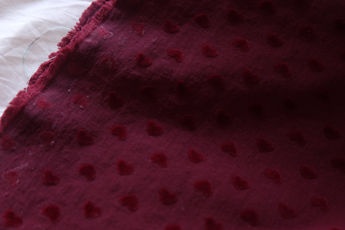 Burgundy Velvet Hearts – Flocked Nylon Fabric | 2.2 Yards