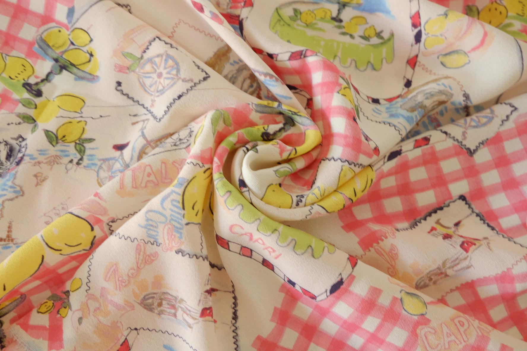 Rayon Chiffon Print Fabric – Italian Lemon & Postcard Patchwork -3.3 yds