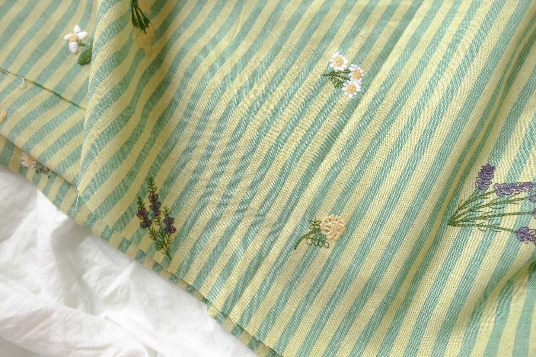 Striped Floral Embroidered Linen-Look Cotton Blend Fabric, 2.2 Yards