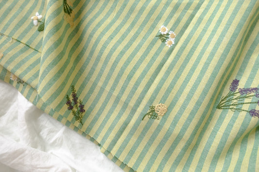 Striped Floral Embroidered Linen-Look Cotton Blend Fabric, 2.2 Yards