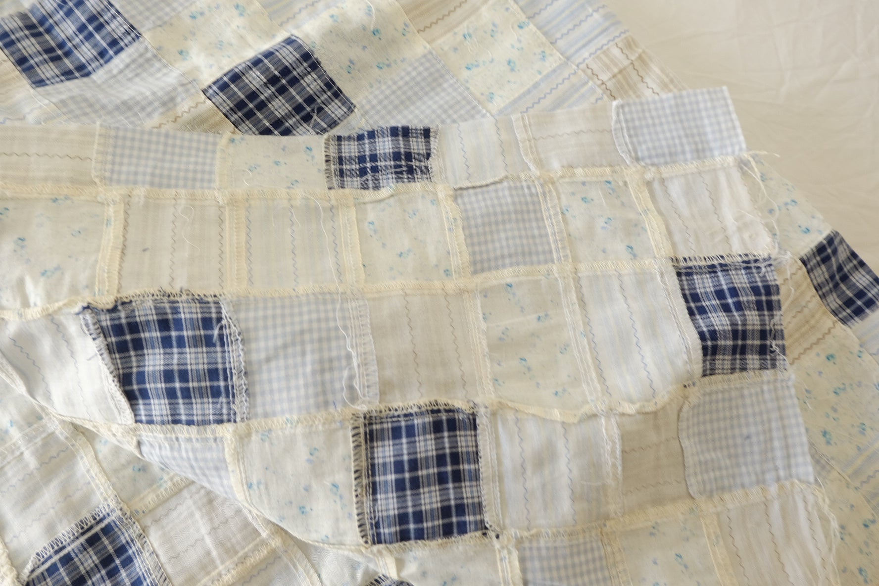 Hand-Pieced Blue Patchwork Cotton Textile – 2.19 yd Piece