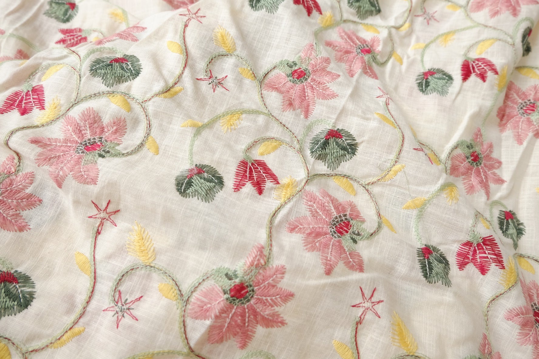 Embroidered Linen-Viscose Blend Floral on Ivory — 1.5 Yards