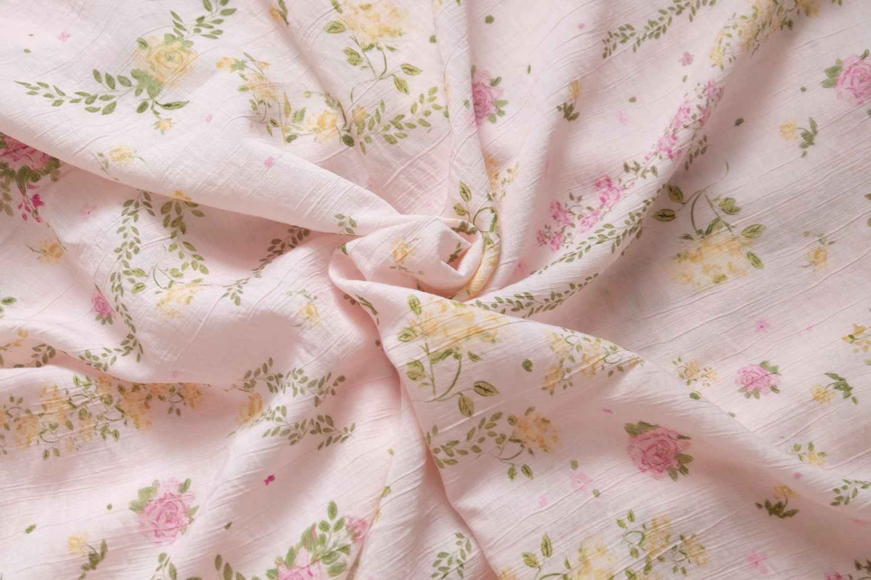 Soft Pink Garden Tencel Cotton Fabric, Airy Floral Summer Weight, 3.28 Yards