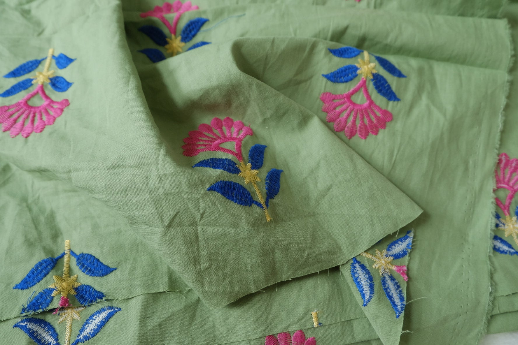 Sage Green Embroidered Cotton Fabric - 2.2 yd