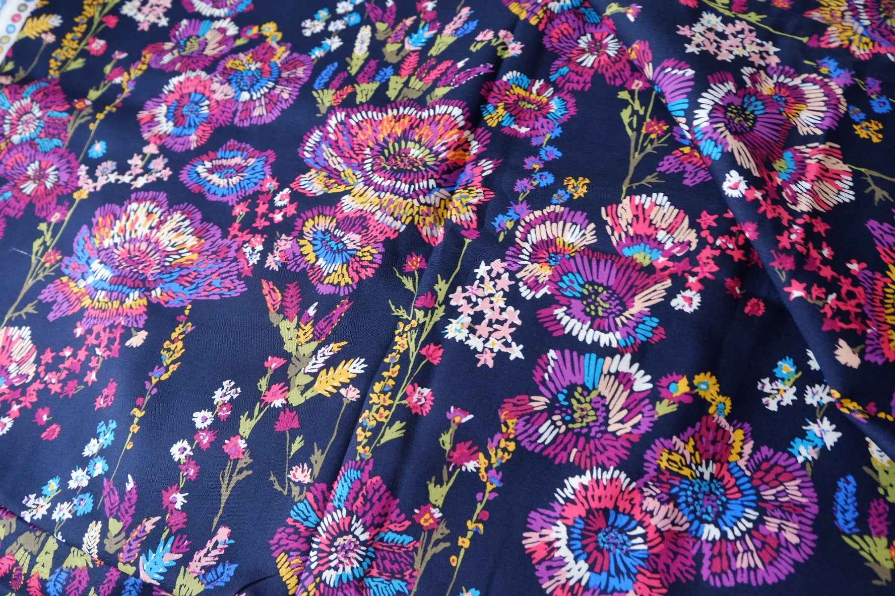 Navy Embroidered Floral Designer Deadstock Cotton Fabric - 1.64 Yards
