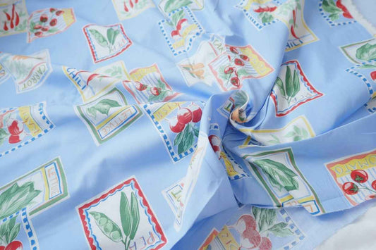 Playful Vegetable Print Cotton Fabric, Sky Blue Novelty Print, 1.64 Yards