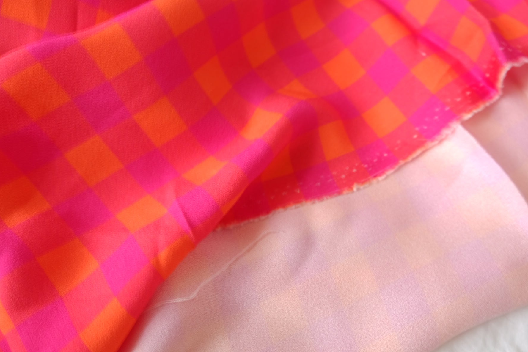 Bold Pink & Orange Checked Cupro Fabric, 3.28 Yards