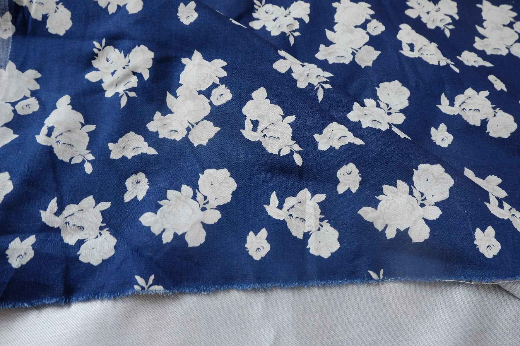 Navy Rose Printed Cotton Denim Fabric - 1.64 yd
