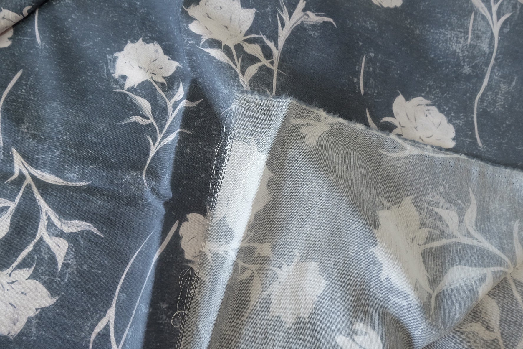 Rayon-Linen Blend Fabric – Dark Blue Rose Sketch Pattern-3.3 yd