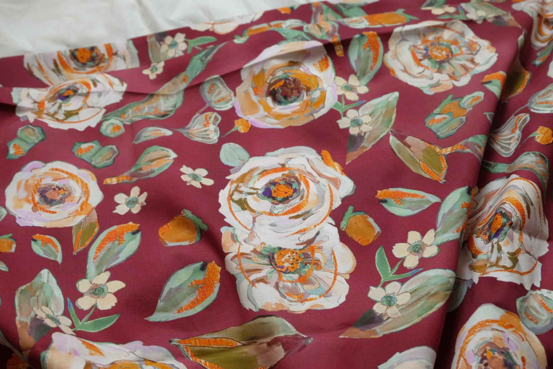 Burgundy Floral Cotton Poplin Fabric, Crisp Dress Weight, 3.28 Yards
