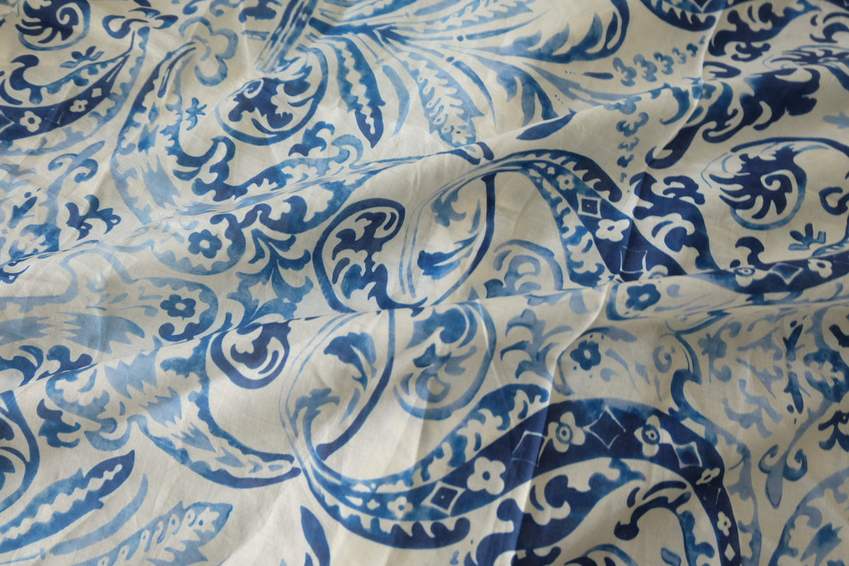 Blue Porcelain Paisley Cotton Voile – 3.3 Yards
