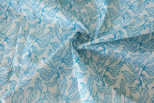 Coastal Blue Leaf Sketch Cotton Lawn Fabric – 1.42 yd Piece