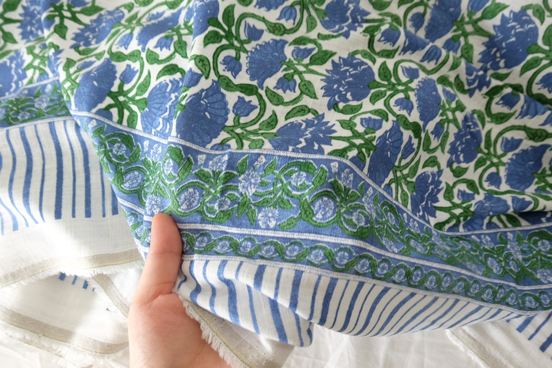Blue Green Floral Border Print Cotton Linen Fabric - 2.2 yd