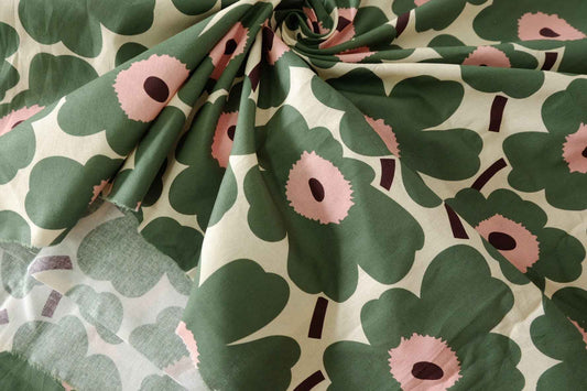 Retro Green Pink Floral Cotton Fabric - 1.6 yd