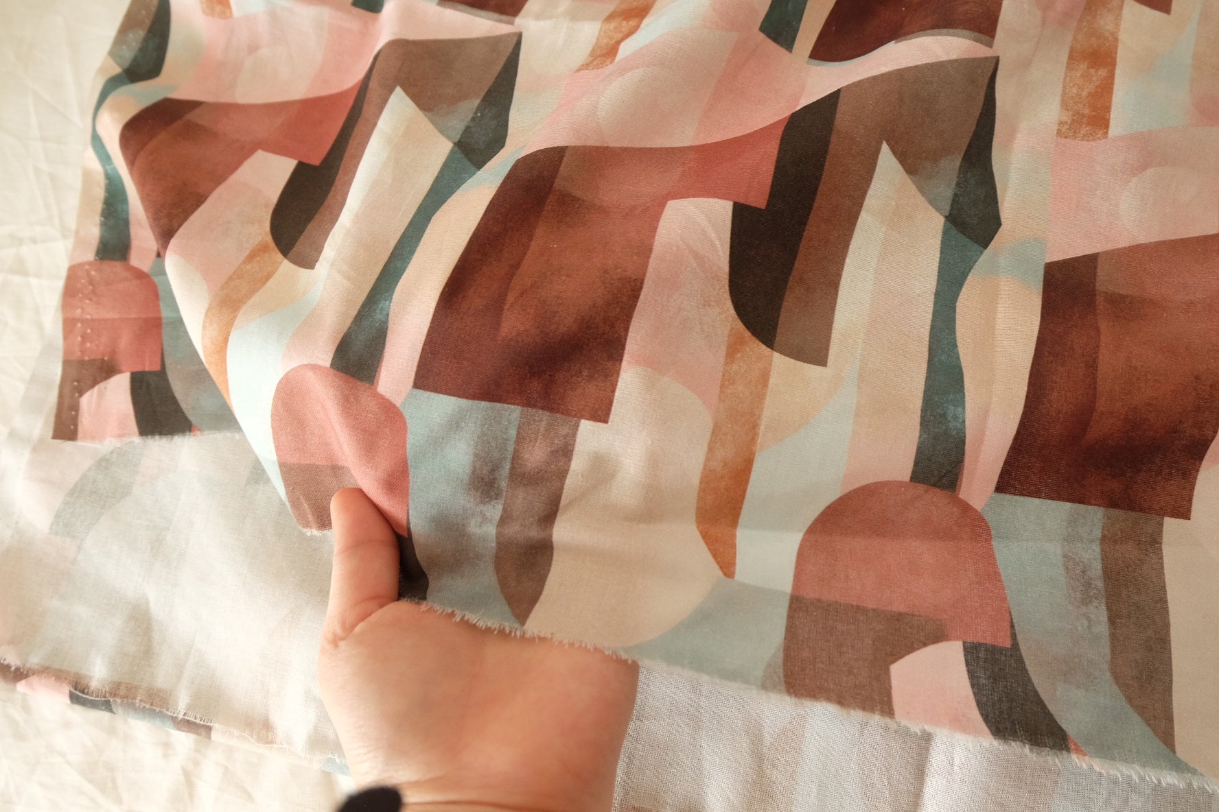 Abstract Geometric Cotton Fabric in Pink Brown Blue - 2.2 yd