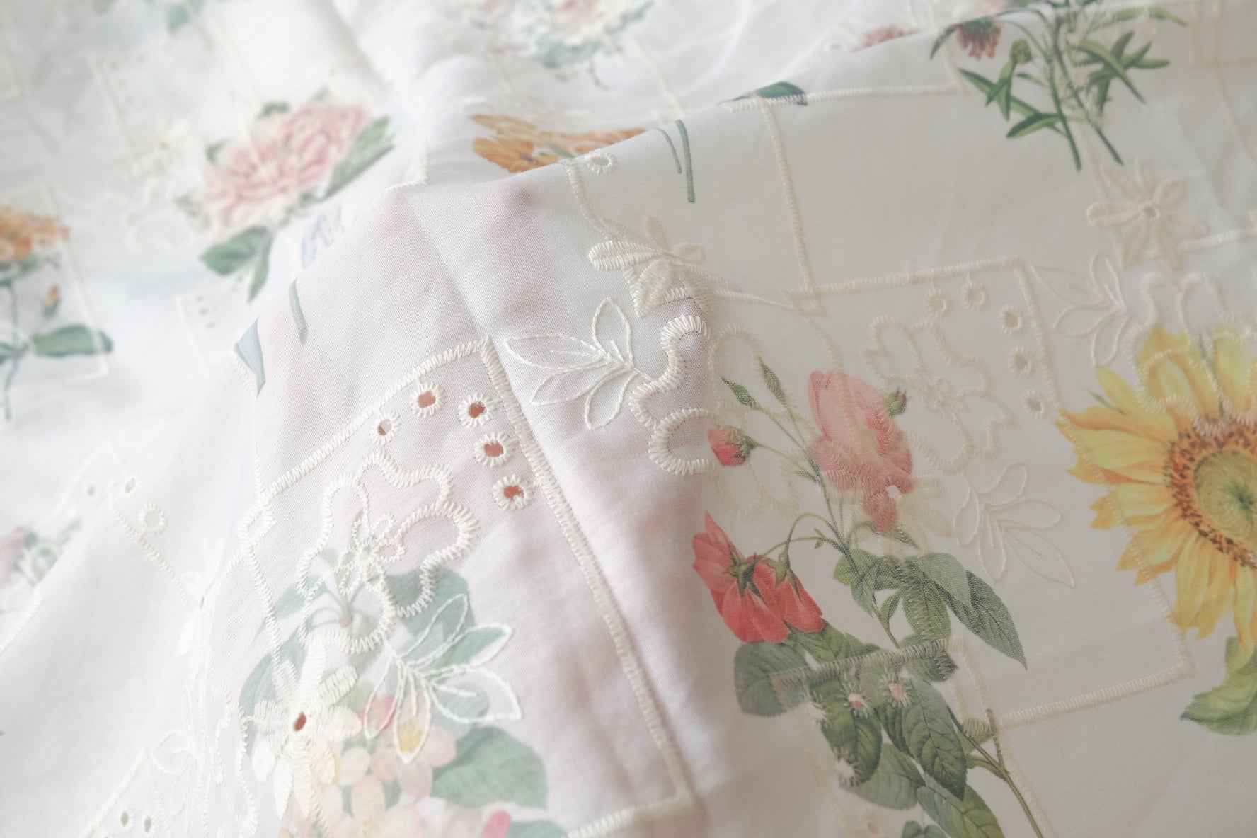 Romantic Floral Patchwork Embroidered Eyelet Fabric, Lightweight Semi-Sheer Cotton Blend, 1.75 Yards