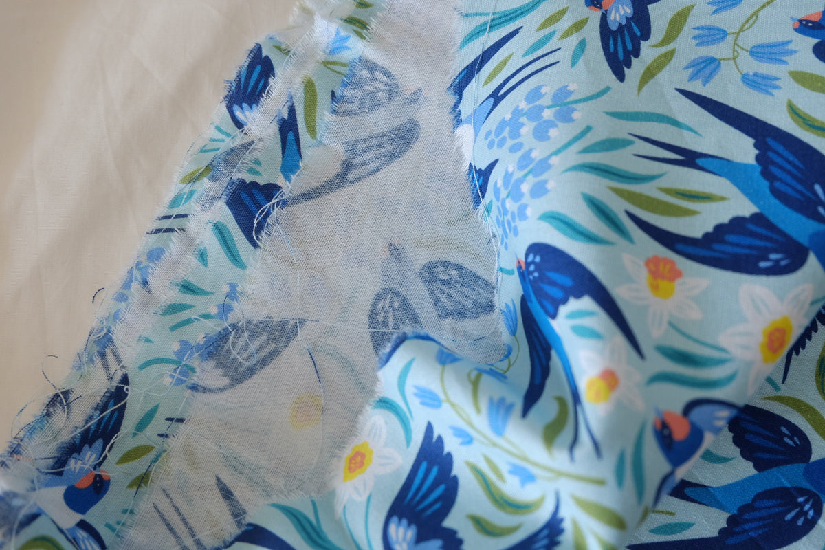 Blue Swallows & Wildflowers – Printed Cotton Fabric – 1.09 yd