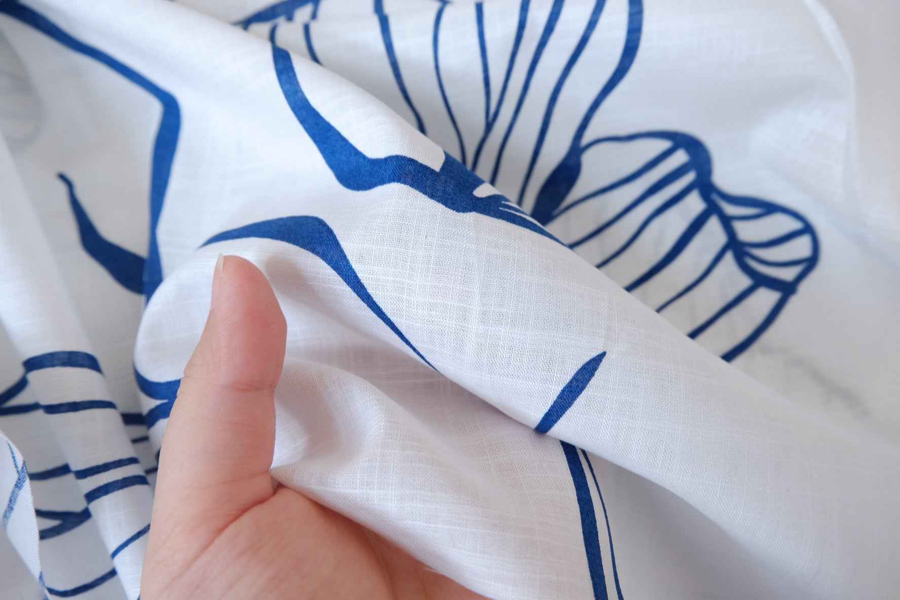 Blue Line Floral Washed Lightweight Linen Fabric - 3.28 yd