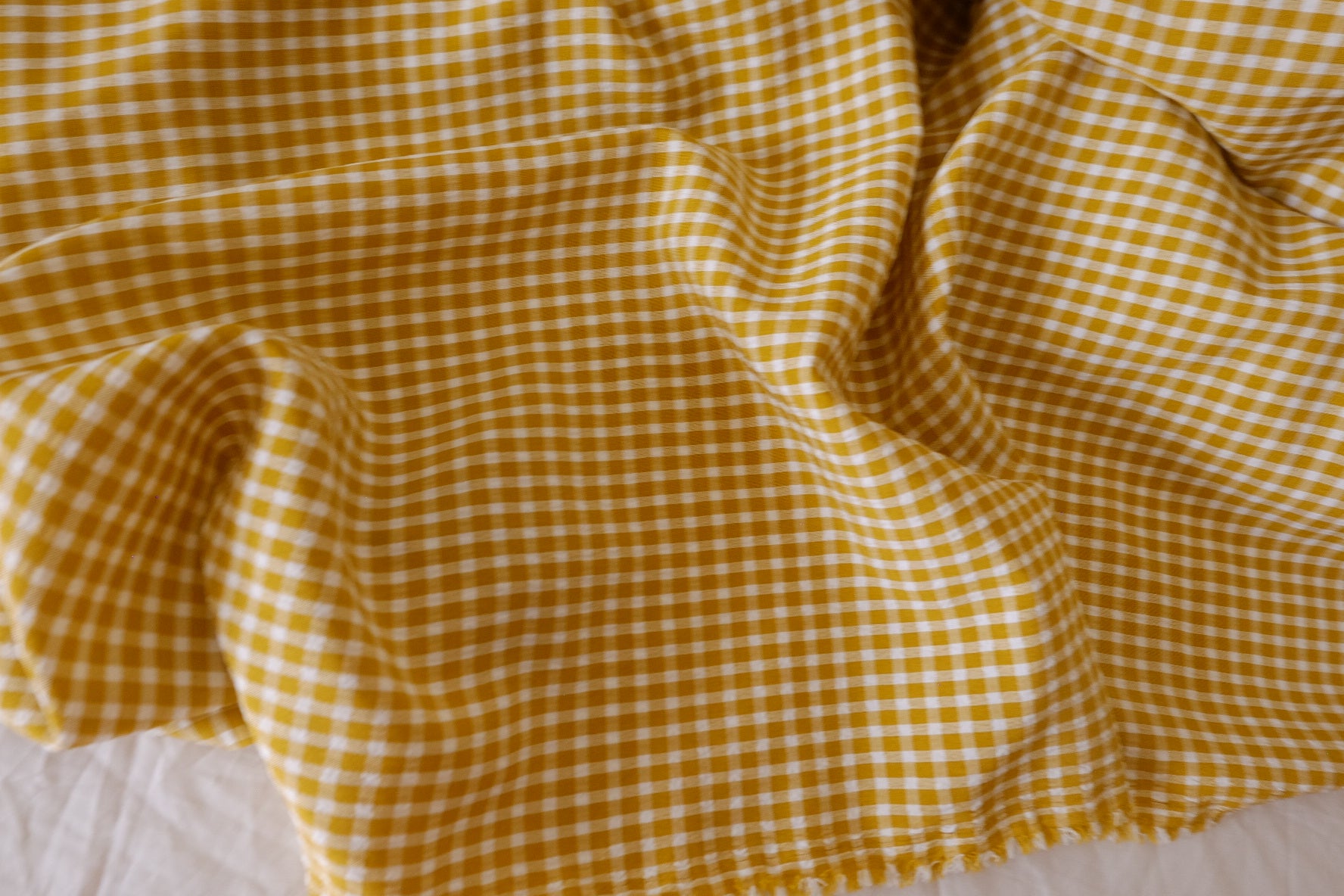 Mustard Yellow Gingham Cotton Blend Fabric - 3.3 yd