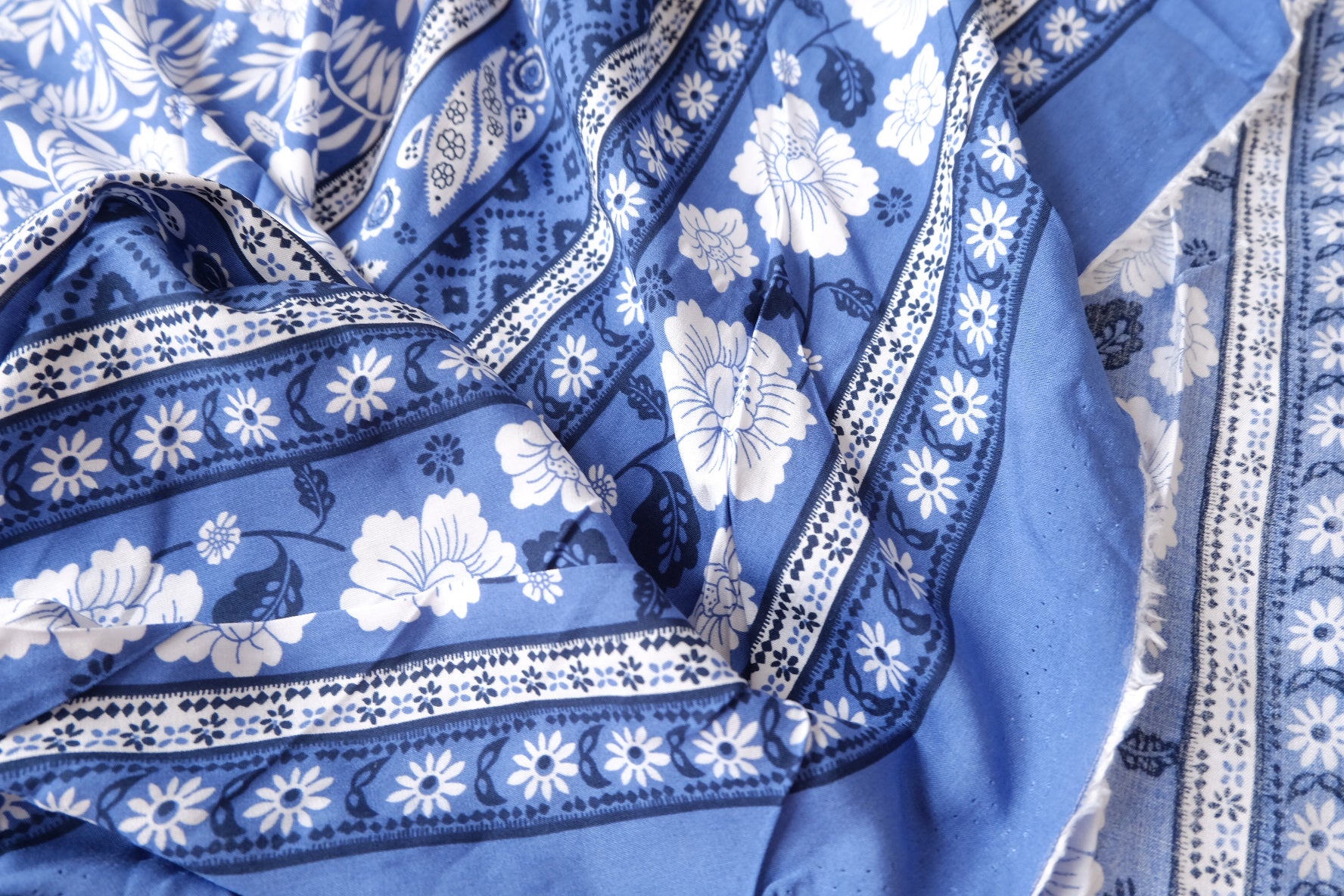 Double Border Bird & Floral Rayon Fabric in Blue and White, 3.3 Yards