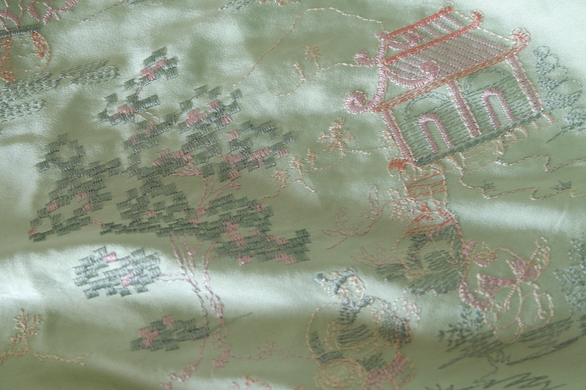 Sage Green Oriental Garden Embroidered Satin – 2.19 yd