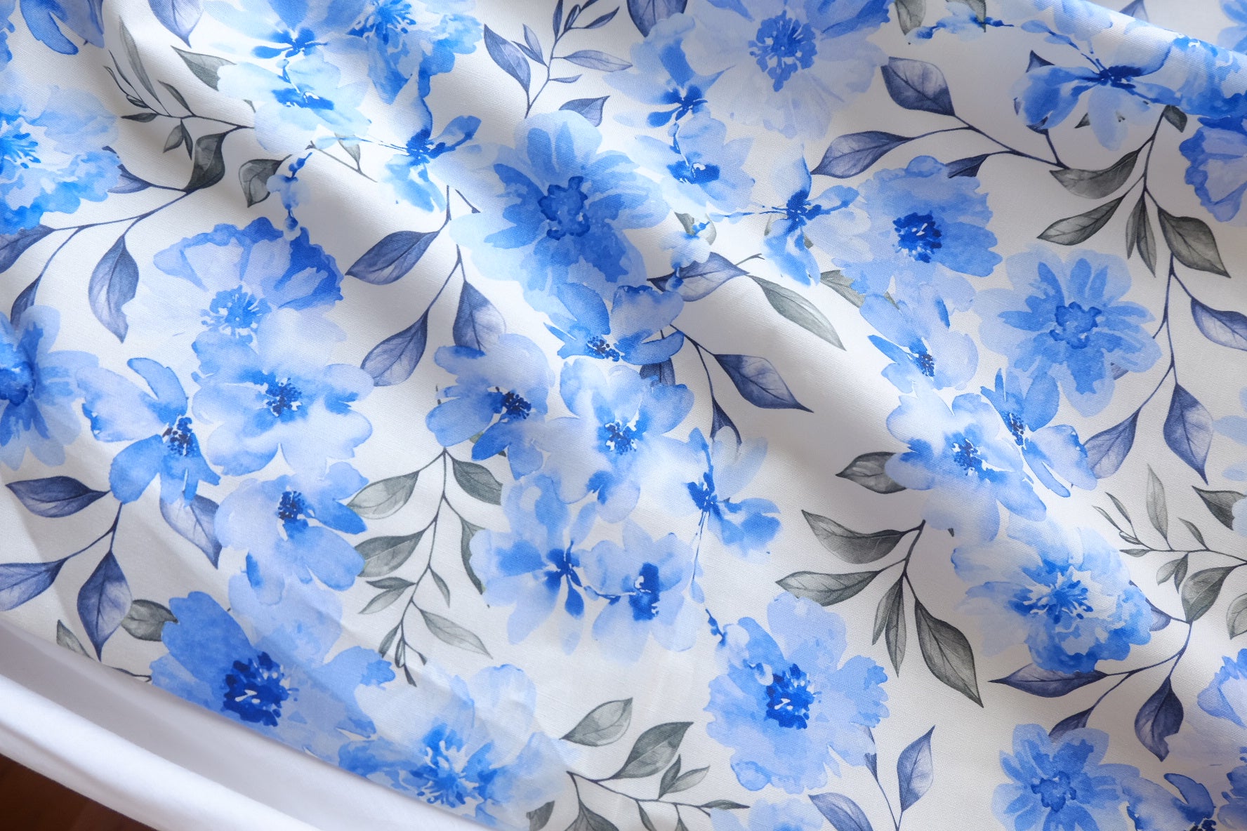 Blue Watercolor Floral Stretch Cotton Poplin – 2.2 yd
