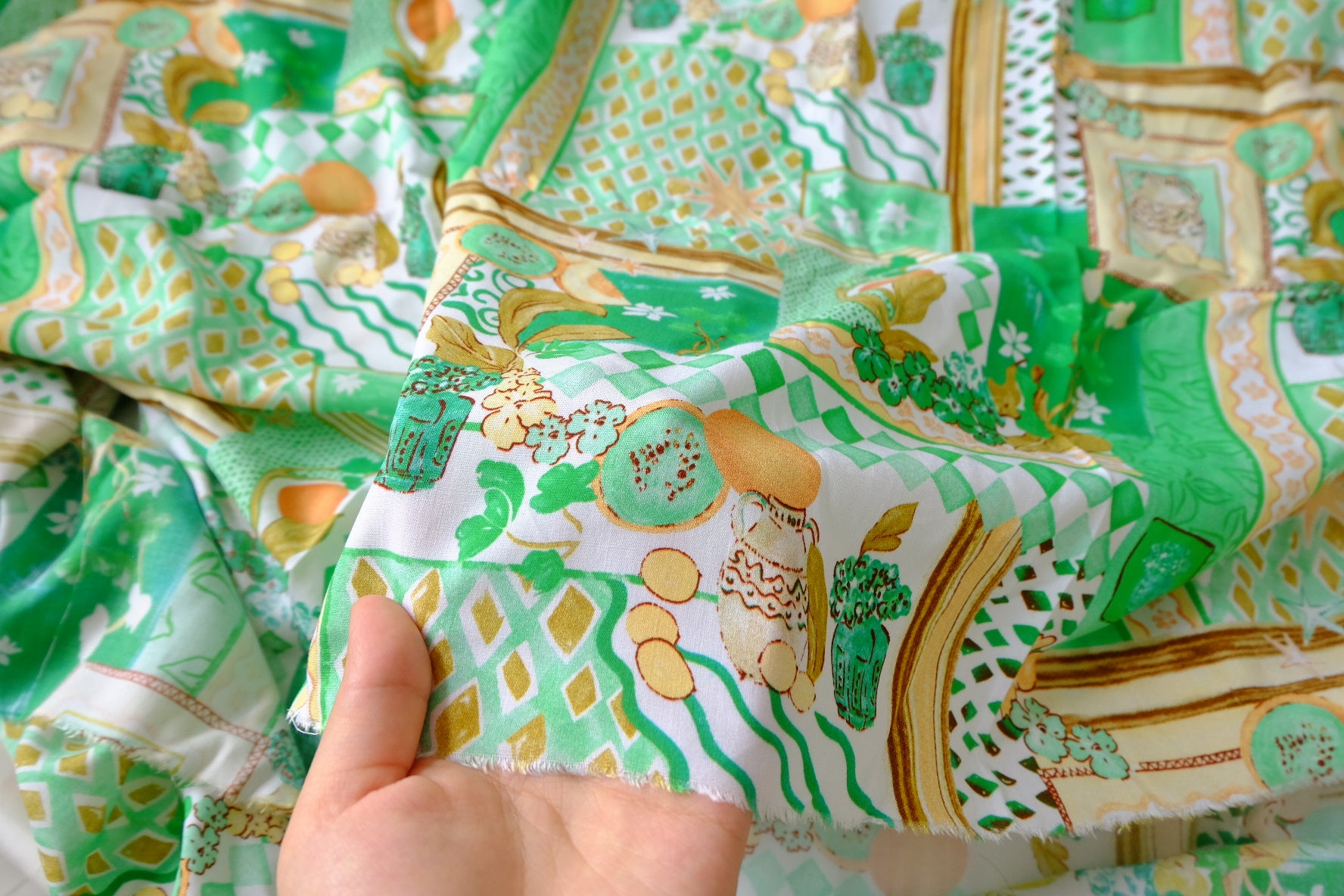 Green Picnic Scarf Print Rayon Fabric - 3.28 yd