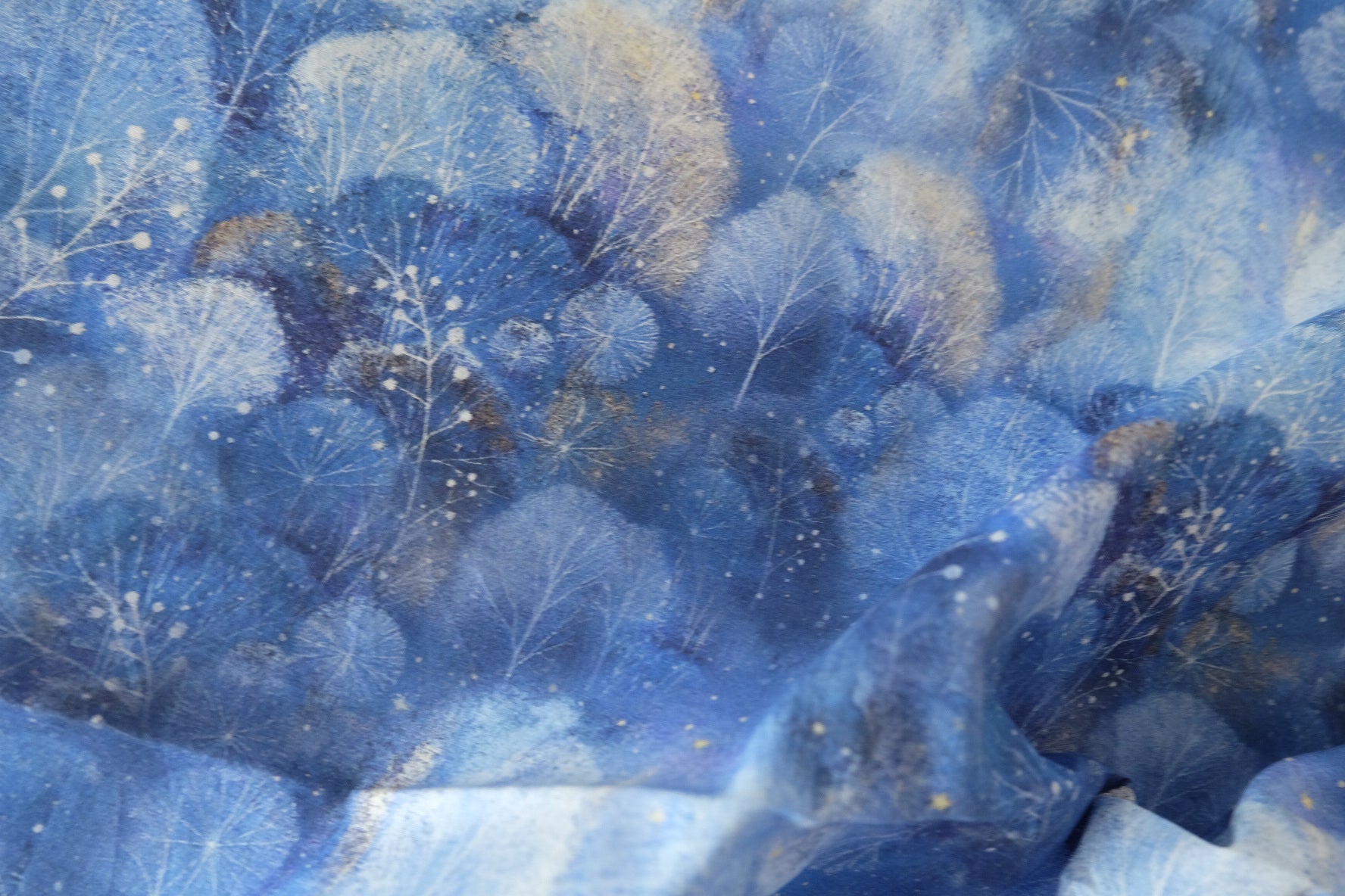 Dreamy Blue Forest Cotton Lawn Fabric – Watercolor Botanical Print – 2.2 yd