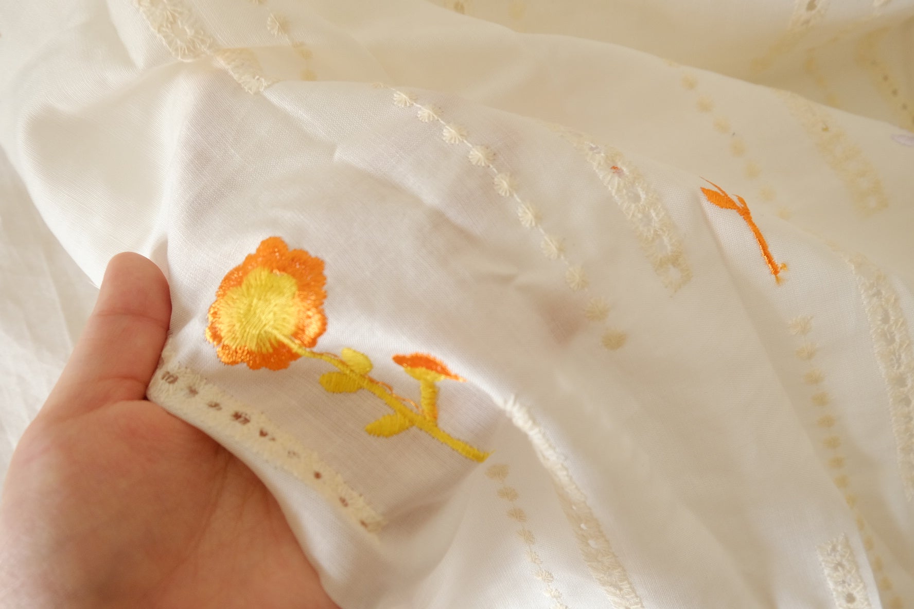 Embroidered Cotton Linen Fabric – Cream Ground with Colorful Floral Motifs – 1.6 yd