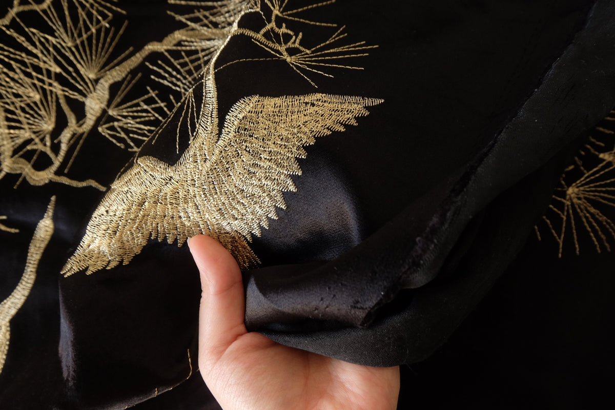 Golden Cranes & Pine Embroidered Acetate Viscose Satin – 2.19 yd