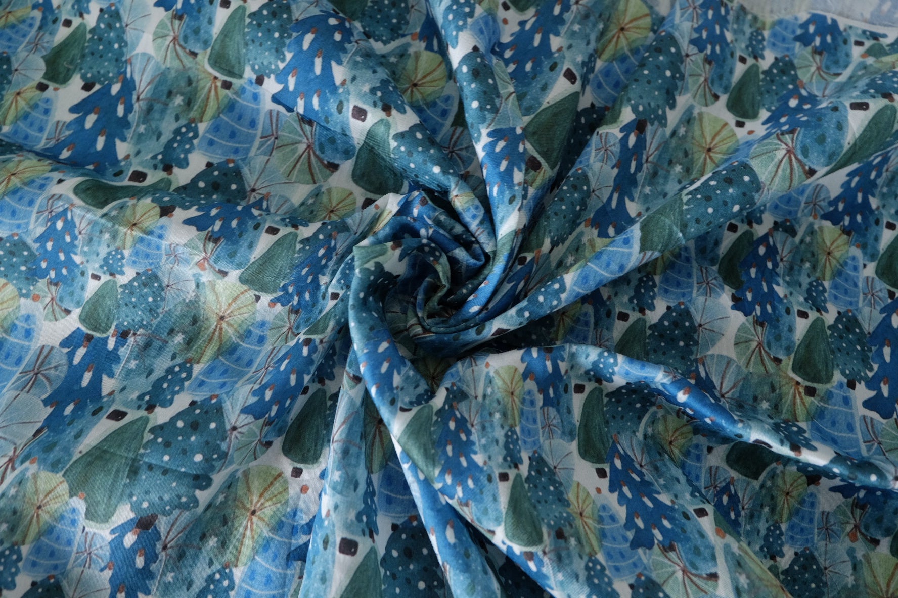 Blue Green Botanical Cotton Sateen Fabric – 1.6 yd