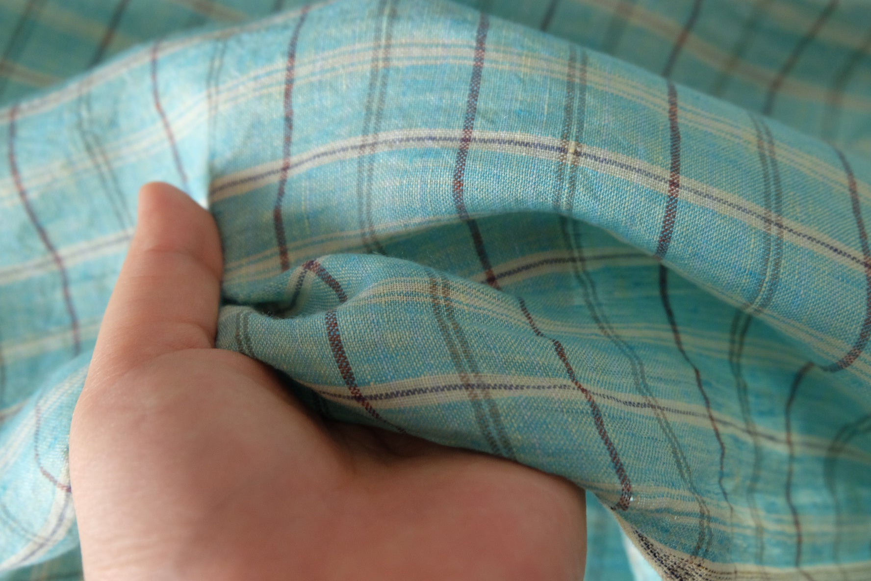 Aqua Blue Yarn-Dyed Plaid Pure Linen Fabric – 1.6 yd