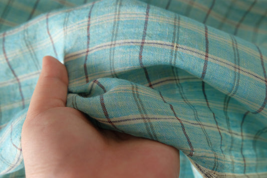 Aqua Blue Yarn-Dyed Plaid Pure Linen Fabric – 1.6 yd