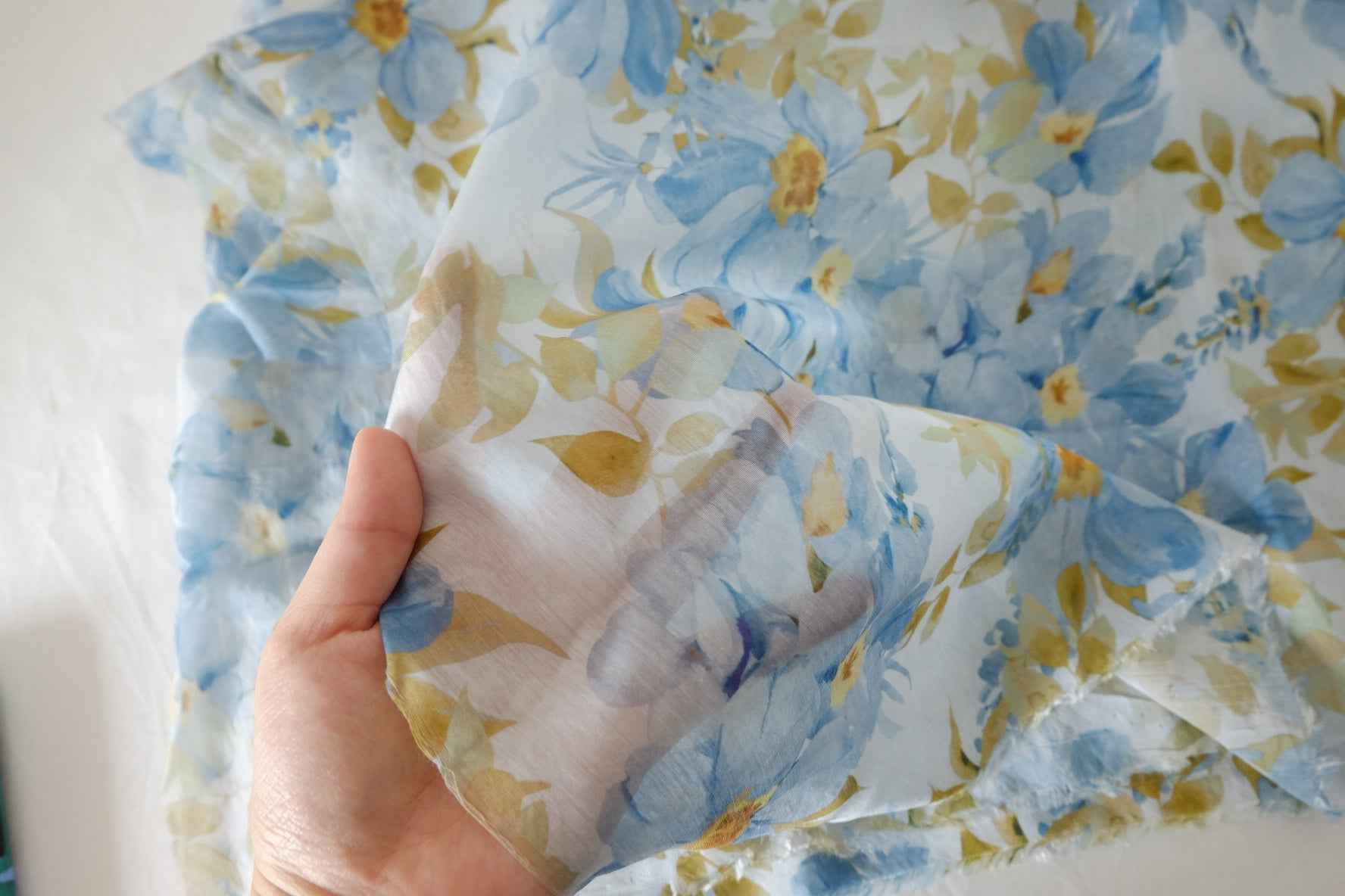 Blue Watercolor Floral Tencel Linen Blend Fabric – 5 yd