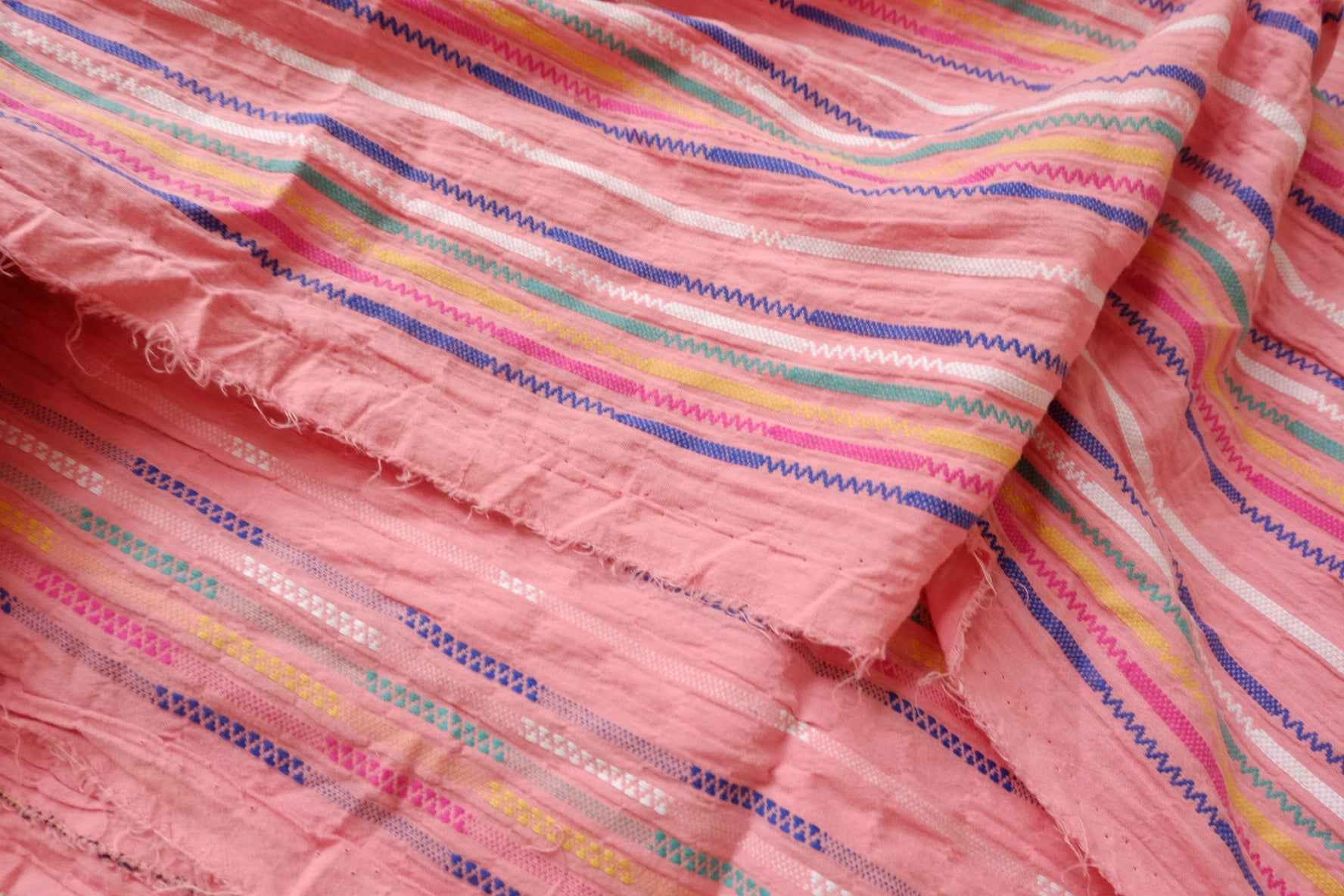 Crinkled Embroidered Cotton Fabric in Pink, Soft Summer Blouse Fabric, 2.19 Yards