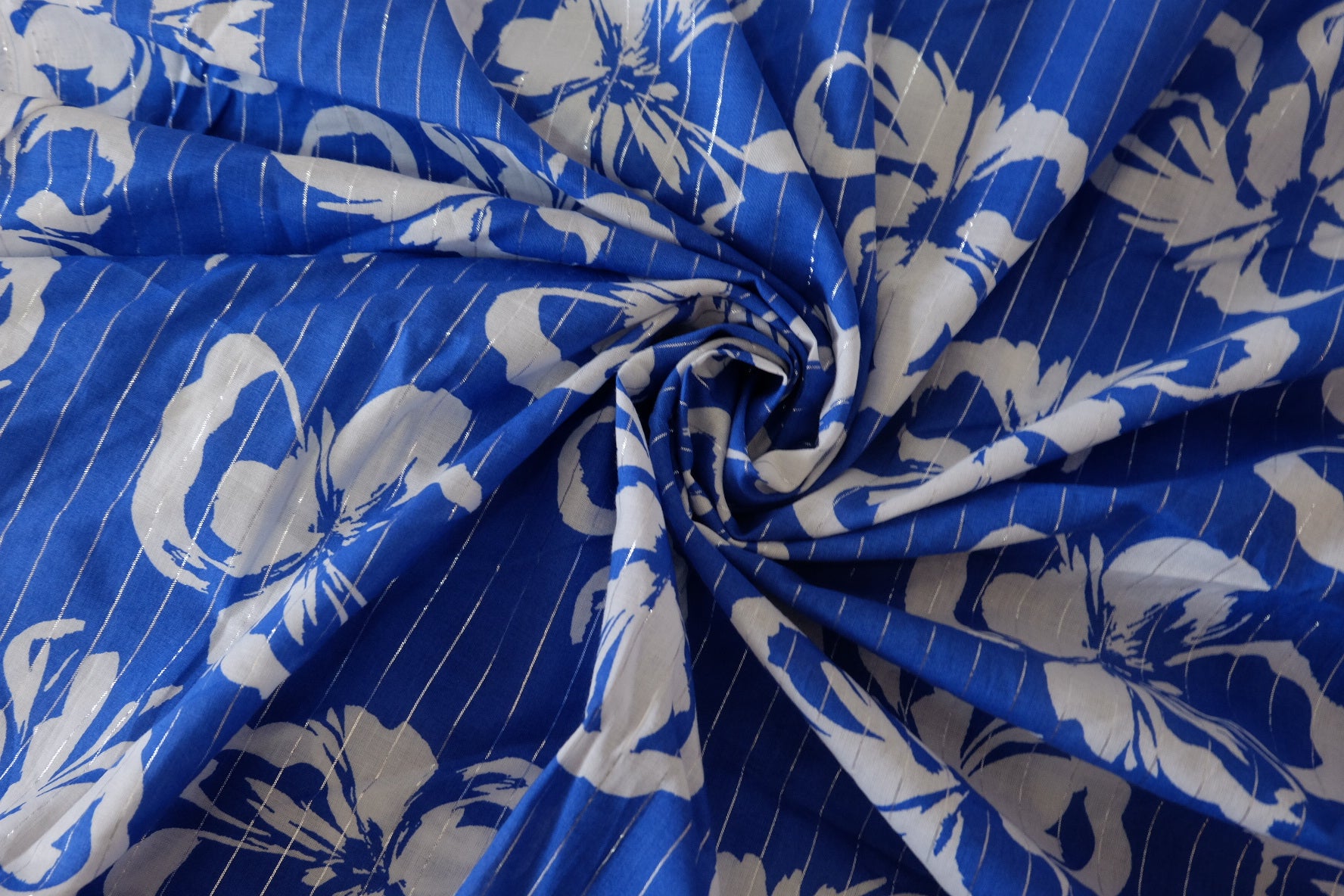 Blue Floral Metallic Stripe Cotton Fabric – 3.3 yd
