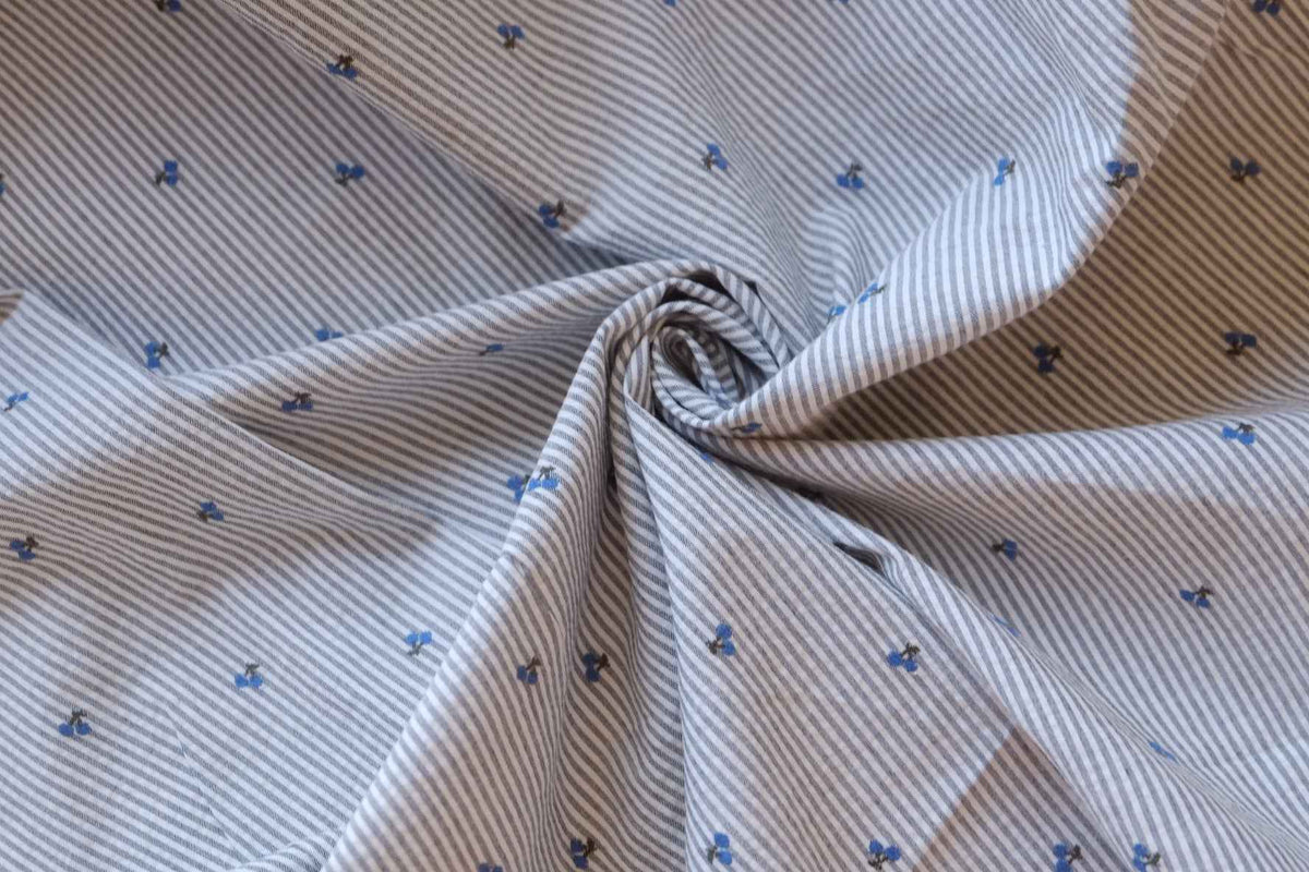 Blue Cherry Embroidered Yarn-Dyed Striped Cotton Jacquard Fabric – 2.2 yd