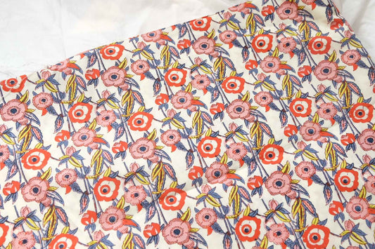 Red Vintage Floral Cotton Poplin Fabric, 60s Cotton Shirting Weight, 3.39 Yards