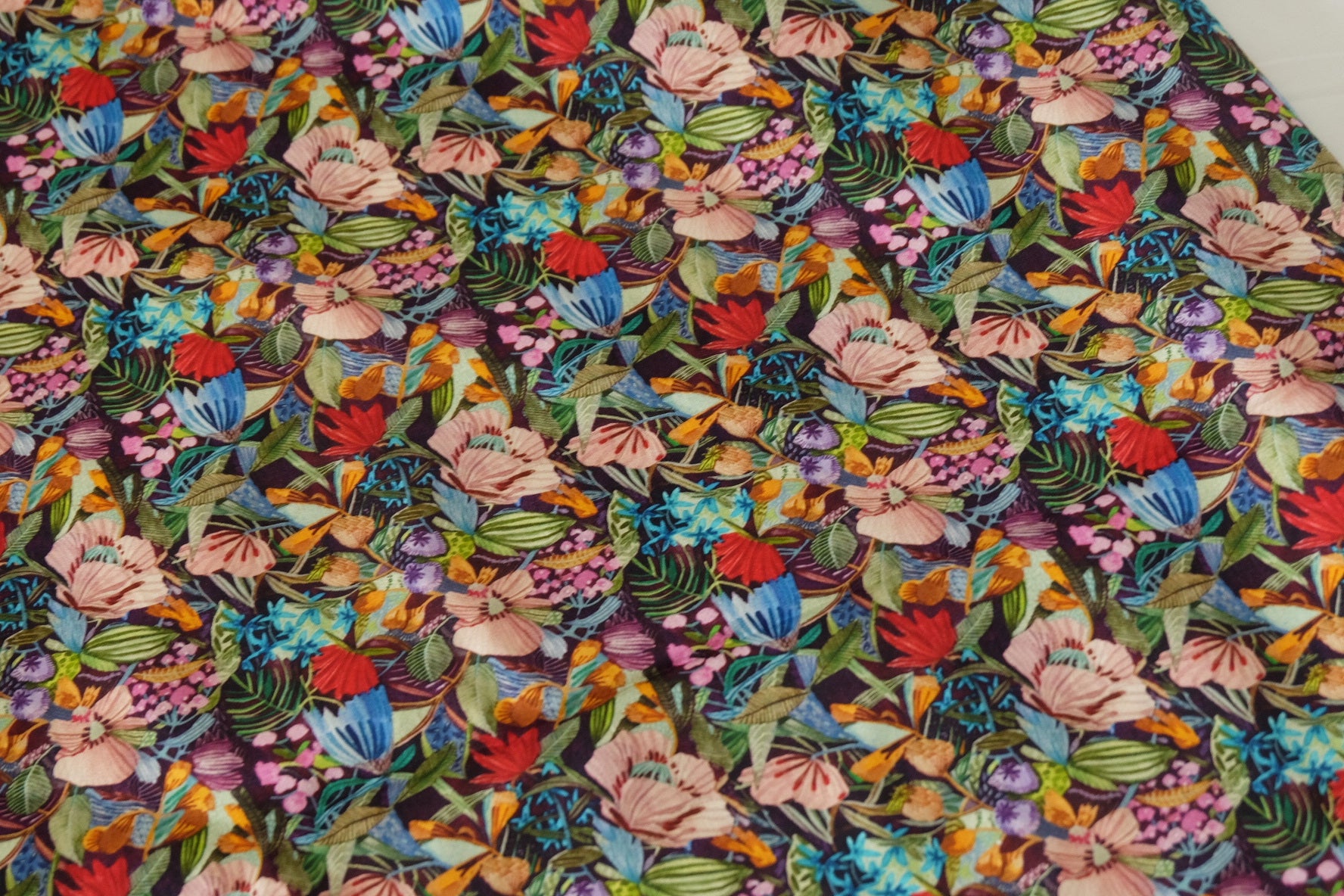 Silky Rayon Satin Fabric – Colorful Tropical Floral Print on Dark Background – 2.2 yd