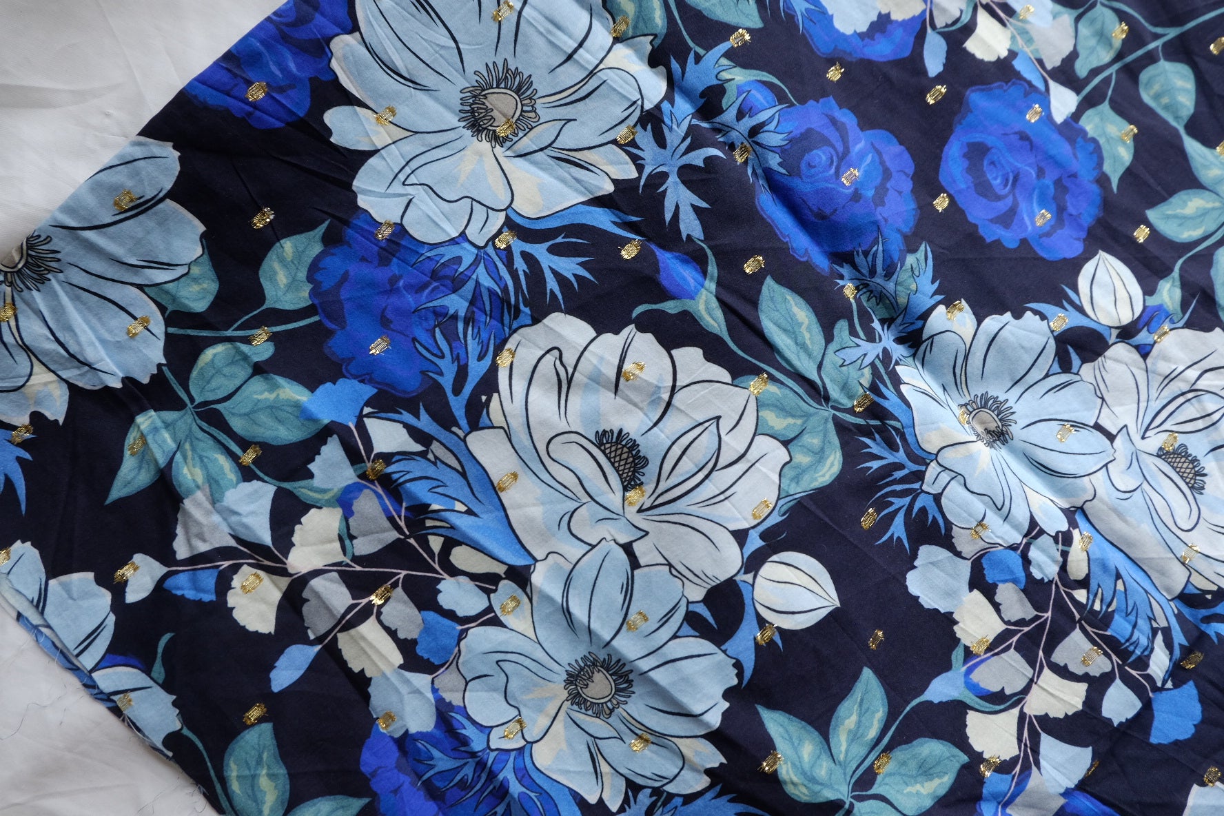 Blue Floral Gold-Dobby Cotton Lawn – 1.2 yd